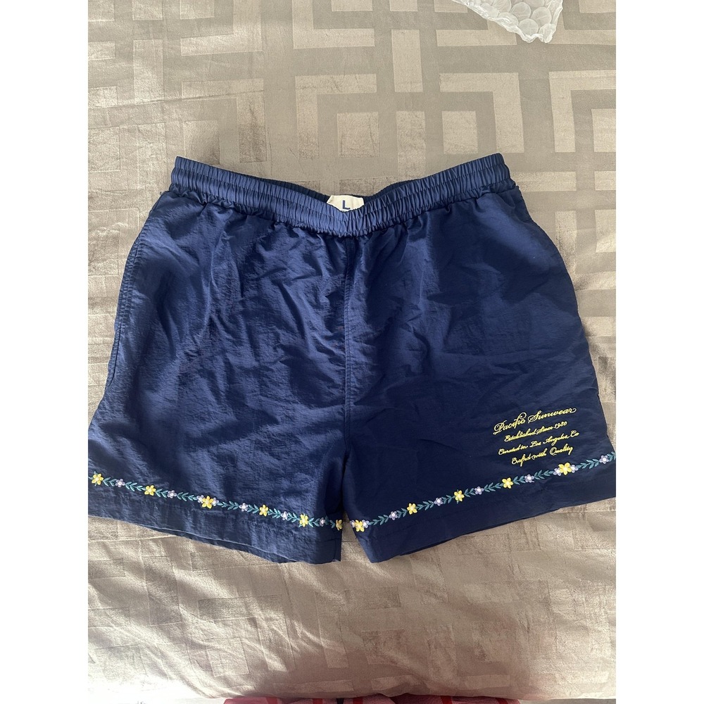 PacSun Shorts Mens Large Navy‎ Floral Embroidered Swim Trunks Mesh Lined Daisy